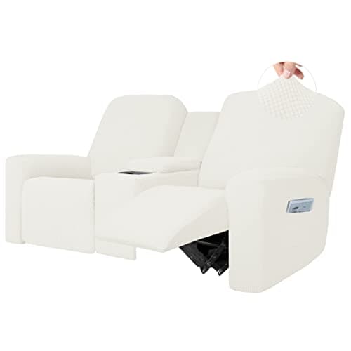 Dark Gray 1 Piece Stretch Reclining Loveseat Slipcover with Middle Console and Storage — Cream