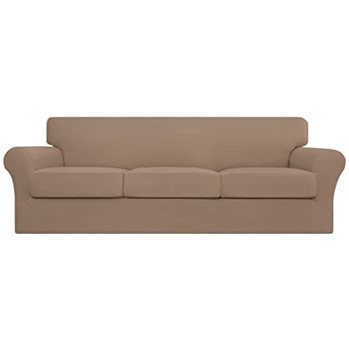 Pet and Kid-Friendly Large Dark Gray Stretch Couch Cover — Camel