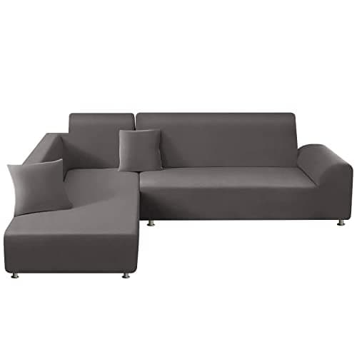Black 2 Pcs Stretch Sectional Sofa Cover with Pillow Covers for L Shape Couch — Grey01