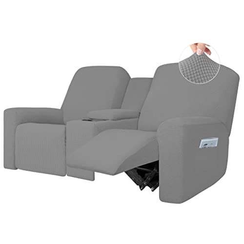 Dark Gray 1 Piece Stretch Reclining Loveseat Slipcover with Middle Console and Storage — Light Gray