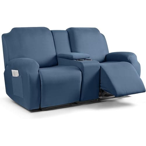 Light Grey Stretch Recliner Sofa Slipcover with Console — Navy Blue
