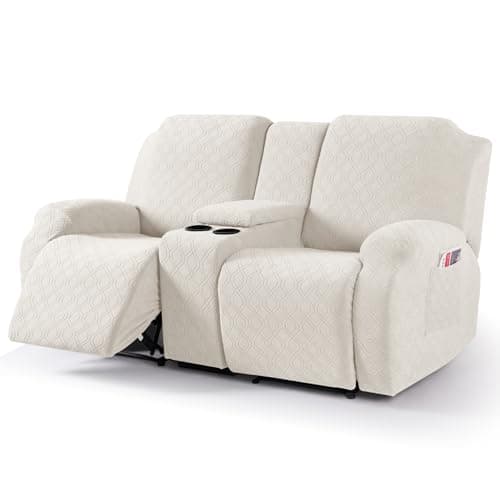 VANSOFY Jacquard Stretch Reclining Sofa Cover for 2 Seat with Console (Dark Gray) — Off White