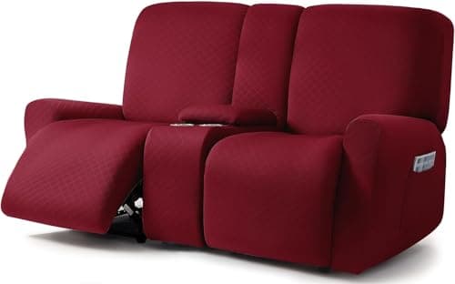 ULTICOR Squared Jacquard Design 3 Seater Recliner Sofa Covers, Dark Grey — Burgundy - Wine