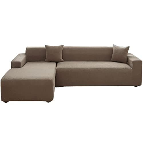 Wear-Resistant L-Shaped Couch Cover, Dark Gray B-Leaves, 2pcs + Pillowcases — A-weave Light Coffee