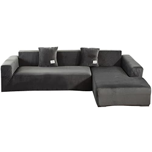Stretch Anti-Slip L-Shaped Sectional Couch Covers, 2 Pcs for 3+3 Seaters — Drak Grey B