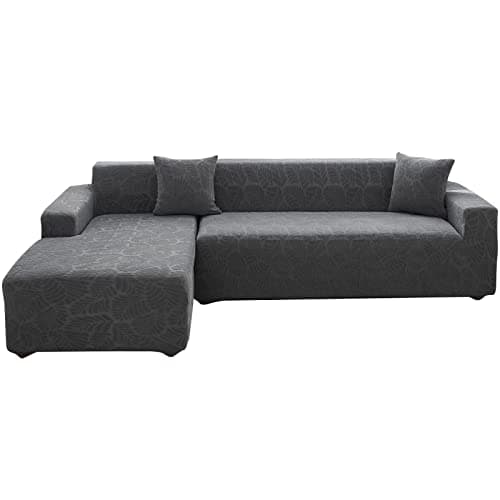 Wear-Resistant L-Shaped Couch Cover, Dark Gray B-Leaves, 2pcs + Pillowcases — B-leaves Light Gray