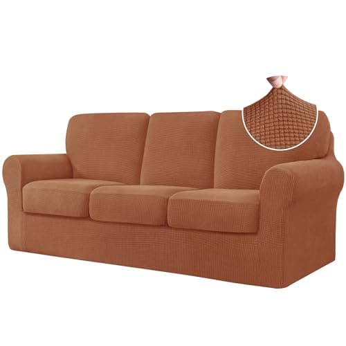 CHUN YI 7 Piece Stretch Couch Cover, 3 Seater with Elastic Backrests and Cushions(Large, Brick)