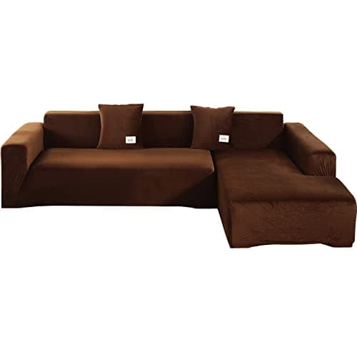 Stretch Anti-Slip L-Shaped Sectional Couch Covers, 2 Pcs for 3+3 Seaters — Coffe B