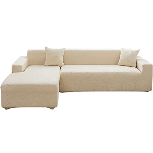 Wear-Resistant L-Shaped Couch Cover, Dark Gray B-Leaves, 2pcs + Pillowcases — B-leaves Beige