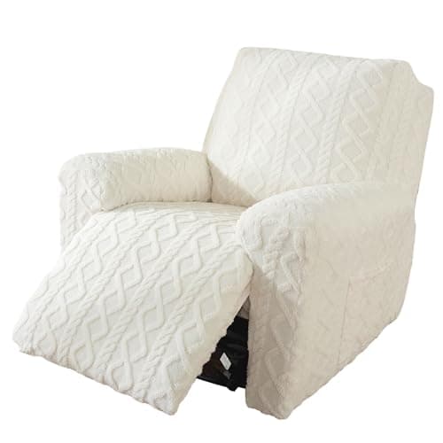 Cream 4-Piece Geometric Jacquard Plush Recliner Slipcovers for Couch (Kids, Cats, Dogs)