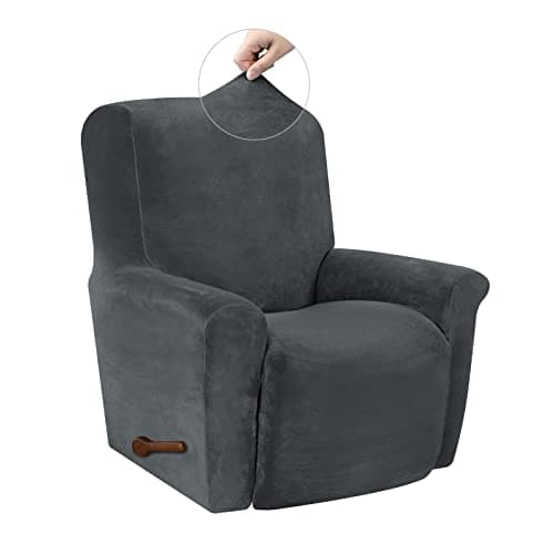 Silver Grey Velvet High Stretch Recliner Chair Cover, Washable Protector with Non-Slip Bottom — Dark Grey