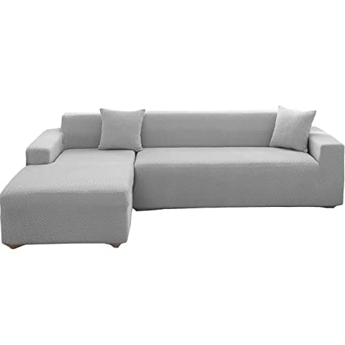 Wear-Resistant L-Shaped Couch Cover, Dark Gray B-Leaves, 2pcs + Pillowcases — A-weave Gray Blue