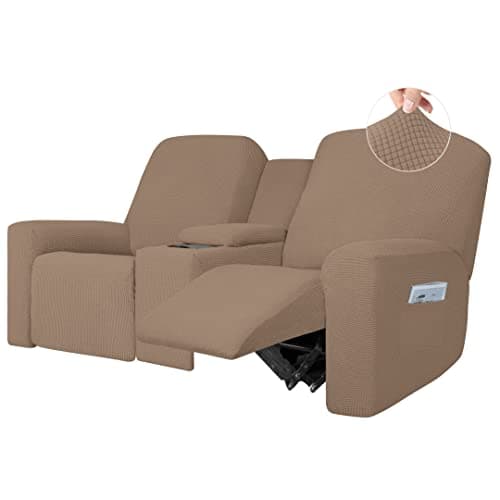 Dark Gray 1 Piece Stretch Reclining Loveseat Slipcover with Middle Console and Storage — Camel