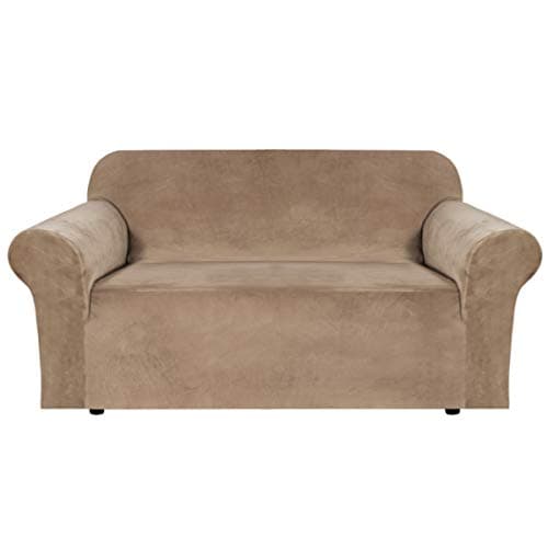 H.VERSAILTEX Stretch Velvet Loveseat Covers for 2 Cushion Couch (58"-72", Camel)