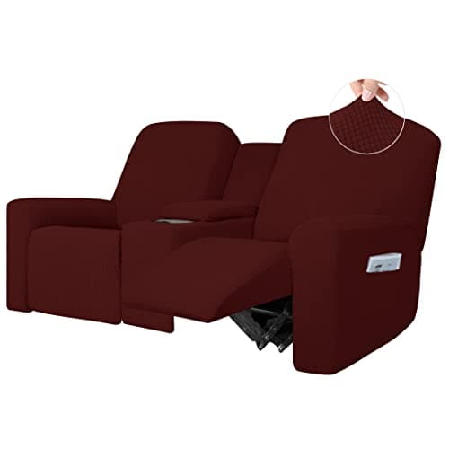 Dark Gray 1 Piece Stretch Reclining Loveseat Slipcover with Middle Console and Storage — Wine