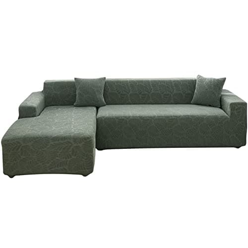 Wear-Resistant L-Shaped Couch Cover, Dark Gray B-Leaves, 2pcs + Pillowcases — B-leaves Matcha Green