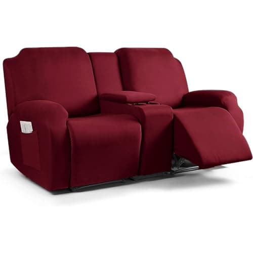 Light Grey Stretch Recliner Sofa Slipcover with Console — Burgundy