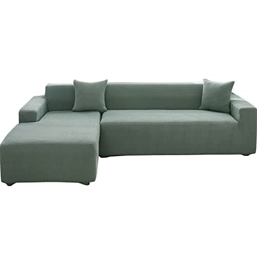 Wear-Resistant L-Shaped Couch Cover, Dark Gray B-Leaves, 2pcs + Pillowcases — A-weave Matcha Green