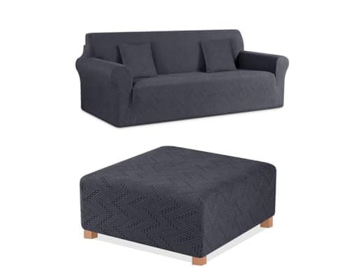 Ruaozz 3 Seater Sofa Cover + Square Ottoman Cover in Dark Grey