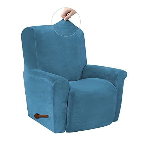 Silver Grey Velvet High Stretch Recliner Chair Cover, Washable Protector with Non-Slip Bottom — Peacock Blue