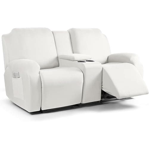 Light Grey Stretch Recliner Sofa Slipcover with Console — White