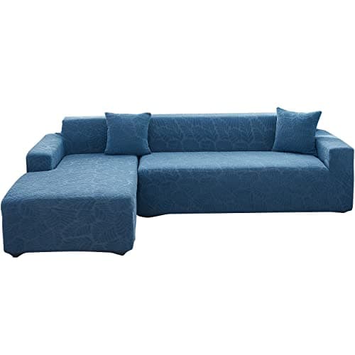 Wear-Resistant L-Shaped Couch Cover, Dark Gray B-Leaves, 2pcs + Pillowcases — B-leaves Blue