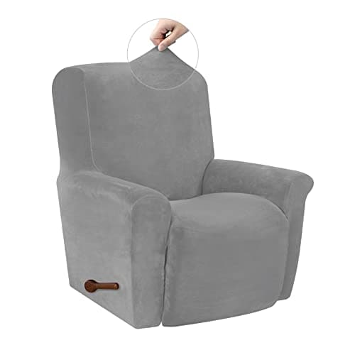 Silver Grey Velvet High Stretch Recliner Chair Cover, Washable Protector with Non-Slip Bottom