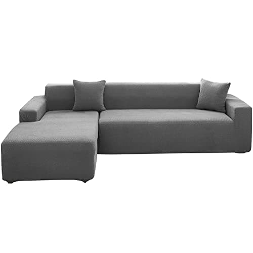 Wear-Resistant L-Shaped Couch Cover, Dark Gray B-Leaves, 2pcs + Pillowcases — A-weave Light Gray