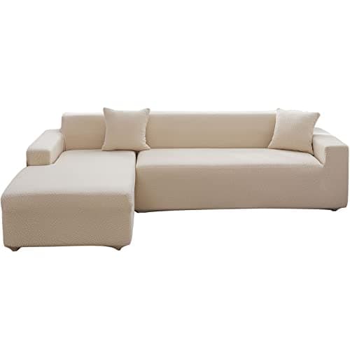 Wear-Resistant L-Shaped Couch Cover, Dark Gray B-Leaves, 2pcs + Pillowcases — A-weave Beige