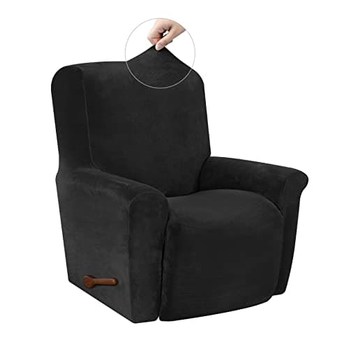 Silver Grey Velvet High Stretch Recliner Chair Cover, Washable Protector with Non-Slip Bottom — Black