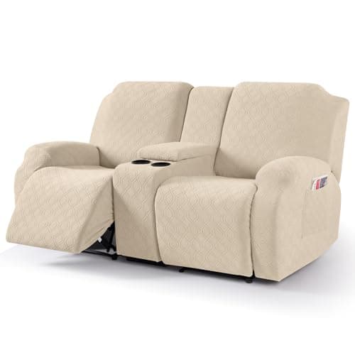 VANSOFY Jacquard Stretch Reclining Sofa Cover for 2 Seat with Console (Dark Gray) — Cream