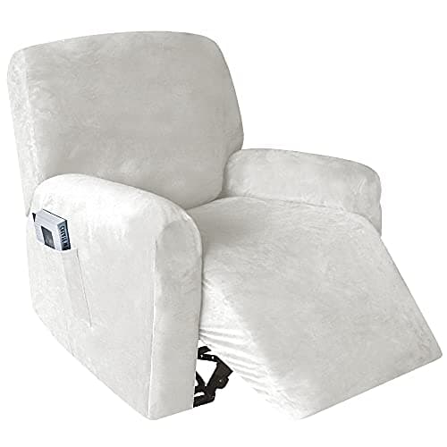 Off White Stretch Velvet Recliner Covers for Lazy Chair with Side Pocket