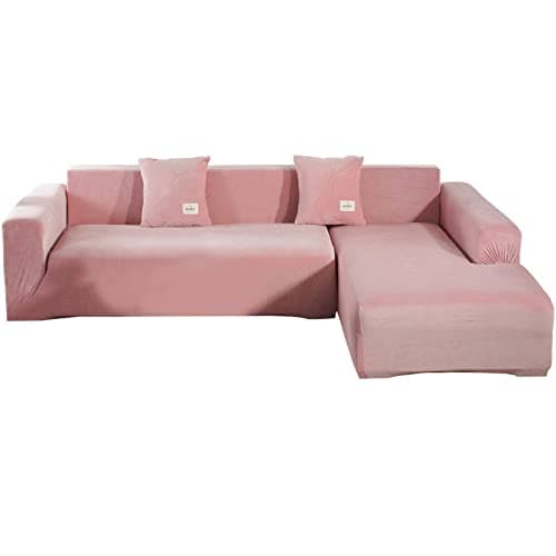 Stretch Anti-Slip L-Shaped Sectional Couch Covers, 2 Pcs for 3+3 Seaters — Pink B