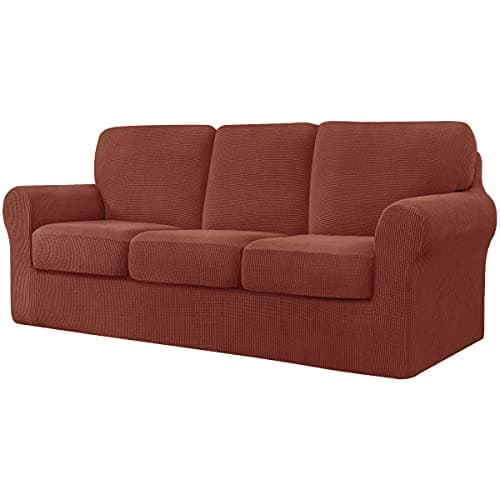 CHUN YI 7 Piece Stretch Couch Cover, 3 Seater with Elastic Backrests and Cushions(Large, Brick)