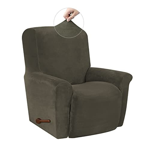Silver Grey Velvet High Stretch Recliner Chair Cover, Washable Protector with Non-Slip Bottom — Light Brown