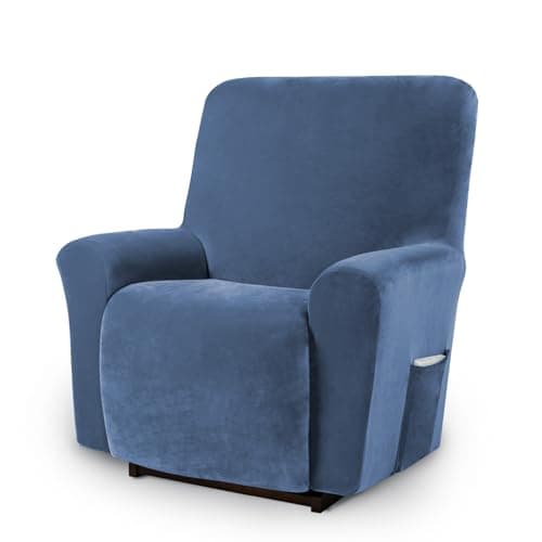 AZON Velvet Stretch Recliner ChairCover, 1-Piece Washable, Elastic Protector — River Blue