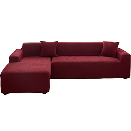 Wear-Resistant L-Shaped Couch Cover, Dark Gray B-Leaves, 2pcs + Pillowcases — A-weave Wine Red