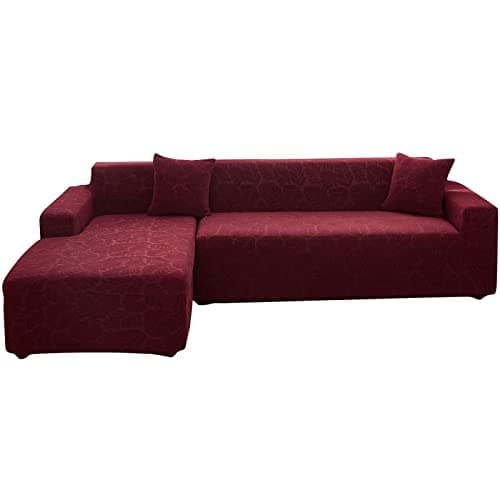 Wear-Resistant L-Shaped Couch Cover, Dark Gray B-Leaves, 2pcs + Pillowcases — B-leaves Wine Red