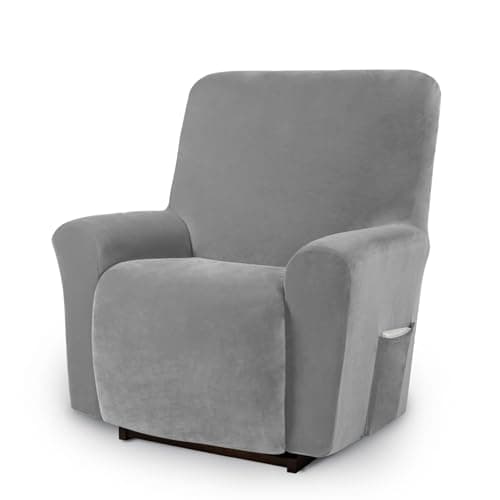 AZON Velvet Stretch Recliner ChairCover, 1-Piece Washable, Elastic Protector — Silver Grey