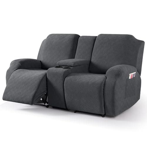 VANSOFY Jacquard Stretch Reclining Sofa Cover for 2 Seat with Console (Dark Gray) — Black Gray