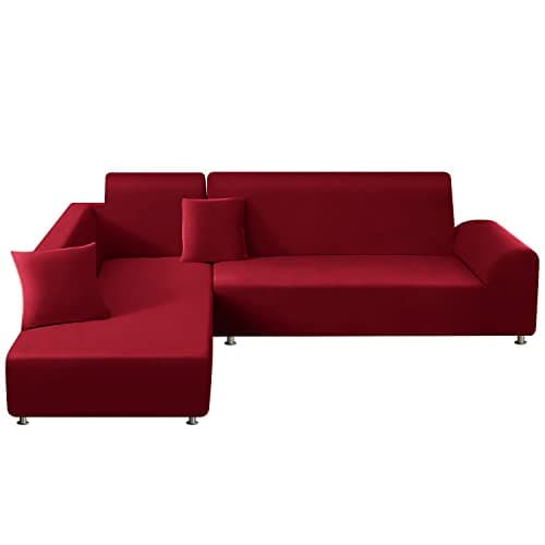 Black 2 Pcs Stretch Sectional Sofa Cover with Pillow Covers for L Shape Couch — Red01