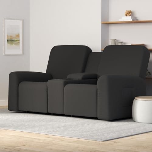 Dark Gray 1 Piece Stretch Reclining Loveseat Slipcover with Middle Console and Storage
