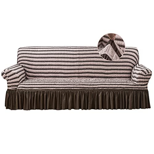 Jeloris Stretch Loveseat Slipcover, Durable Kids & Pet-Friendly Sofa Cover (Medium, Khaki) — Striped Brown