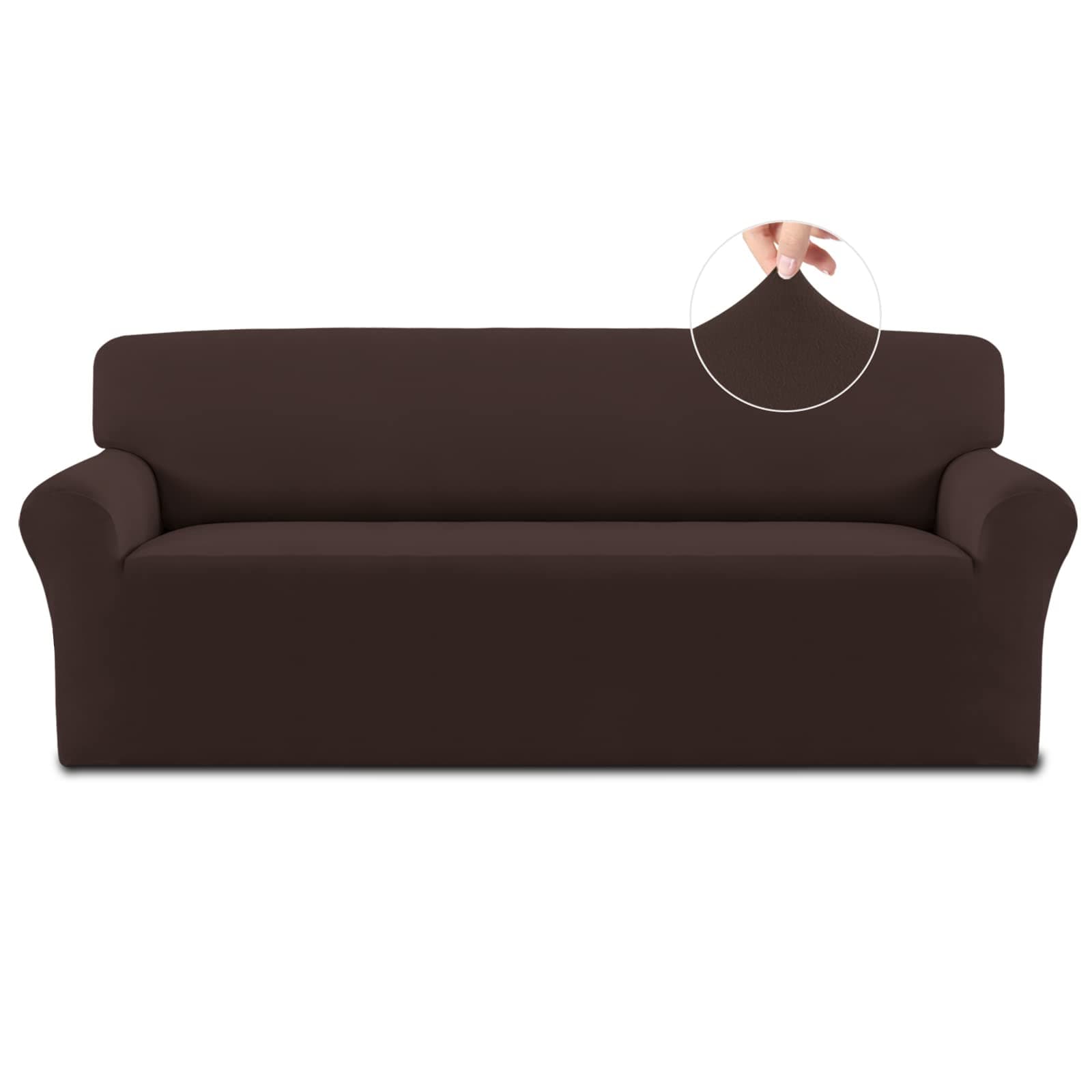 Chocolate Fleece Stretch Slipcover for Sofa, Non-Slip & Washable Couch Protector