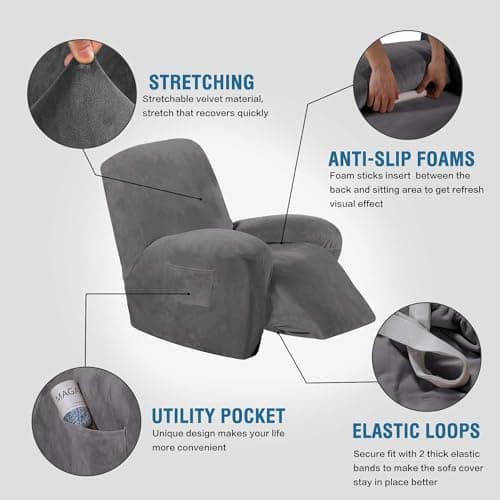H.VERSAILTEX Velvet Recliner Chair Cover, Thick Soft and Anti-Slip (Grey)