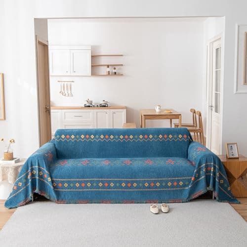 DREAMINGO Thickened Chenille Couch Cover, X-Large Brown, Multi-Use Dog and Cat Protector — A5# Boho Blue