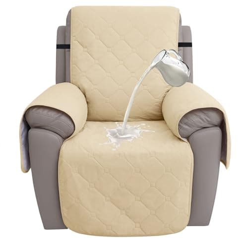 100% Waterproof Recliner Chair Covers, Non-Slip, Pet-Durable, with Pocket (Dark Grey) — Beige