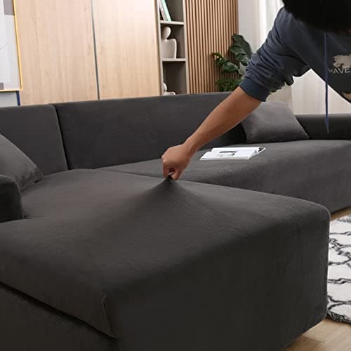 Dark Grey Stretch Velvet L-Shaped Sectional Sofa Slipcover (2Pcs)
