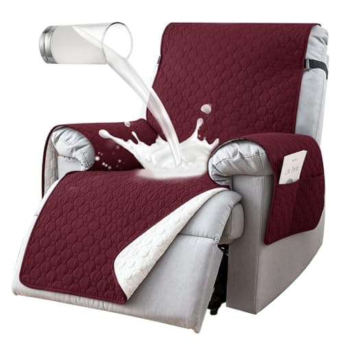 100% Waterproof Non-Slip Recliner Cover with 5 Pockets, Gray Blue — Red