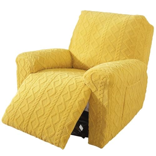 Cream 4-Piece Geometric Jacquard Plush Recliner Slipcovers for Couch (Kids, Cats, Dogs) — Yellow